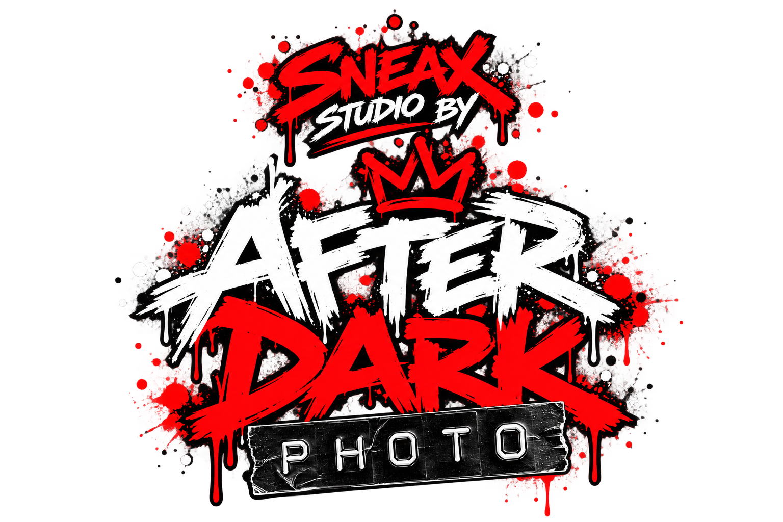 SNEAX STUDIO by After Dark Photo logo, red and white graffiti on a plain background